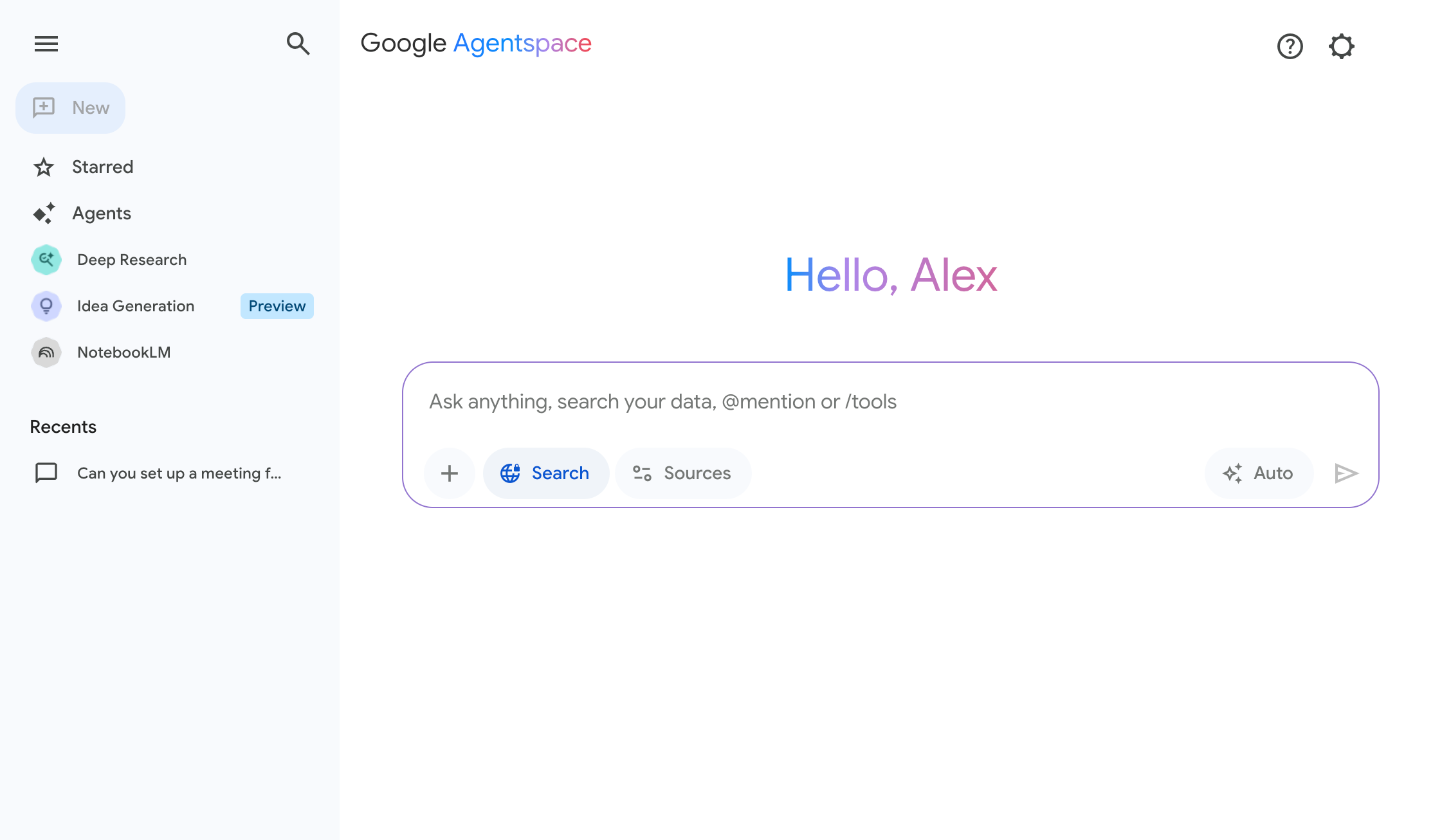 Agentspace Enterprise home screen.