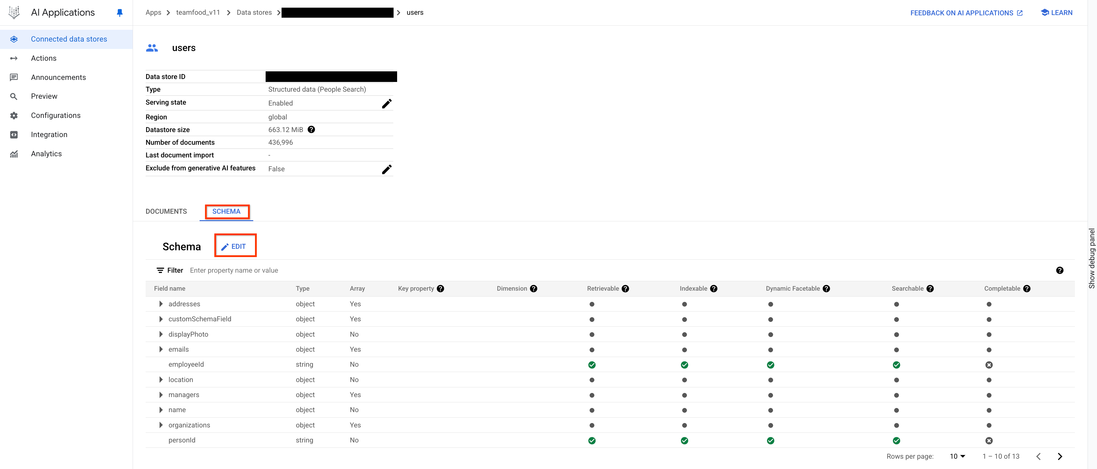Edit the data store's schema.