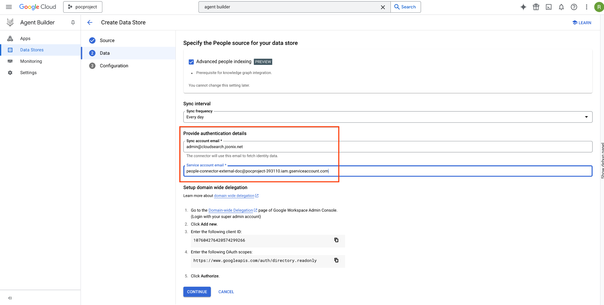 Configure the authentication details.