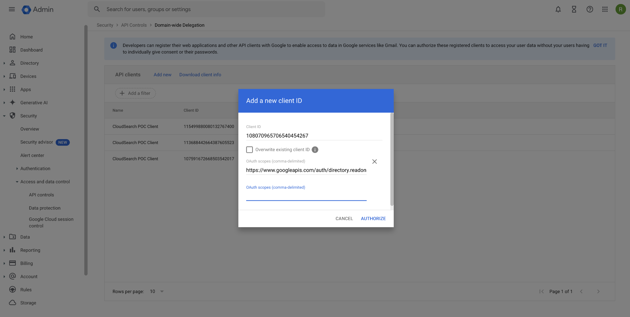 Configure the domain-wide delegation settings.