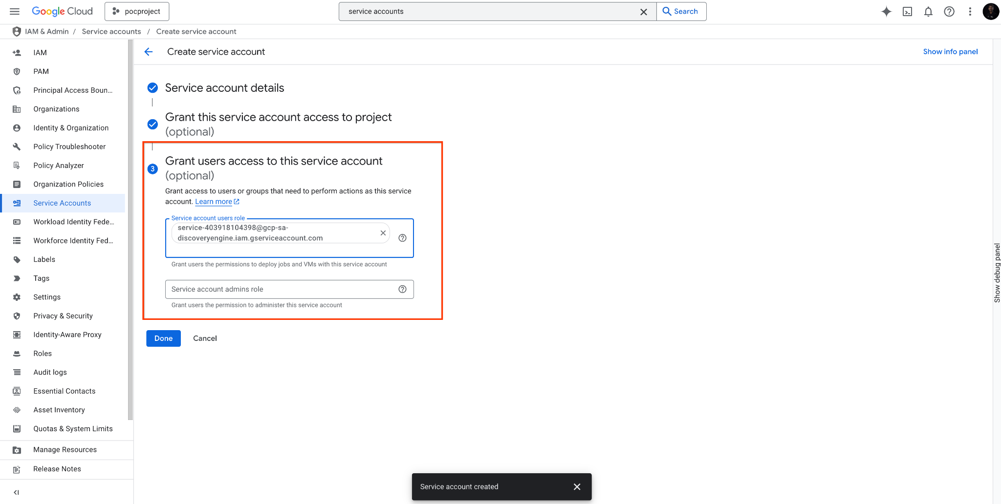 Shows how to configure the Grant users access to this service account section.