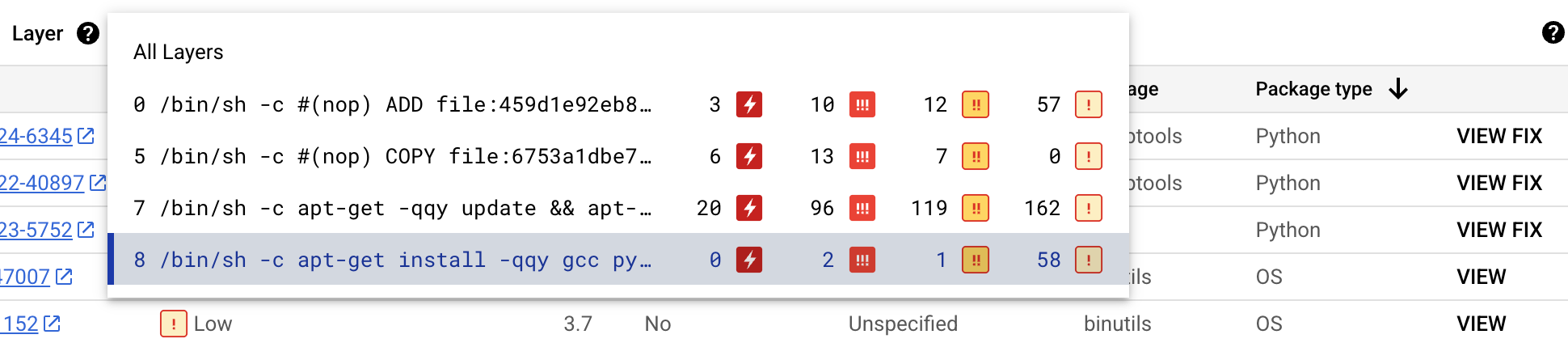 圖片:開啟圖層下拉式選單。這個選單會顯示用於建構層的 Docker 指令,以及每個層的弱點類型和數量。