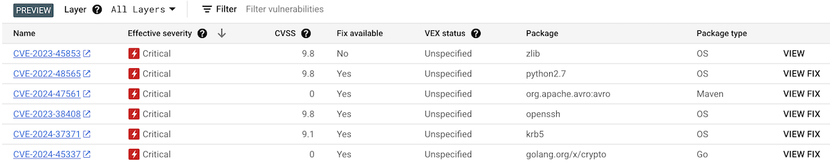 Imagen de la página Vulnerabilidades para un resumen de imagen, incluida la barra Capa. La barra de capas tiene un menú desplegable para seleccionar una capa de una lista numerada.