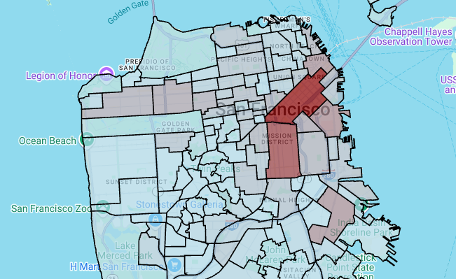 샌프란시스코 지역의 렌더링된 다각형 레이어입니다.