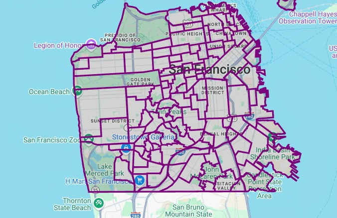 The rendered polygons from the San Francisco Neighborhoods dataset.