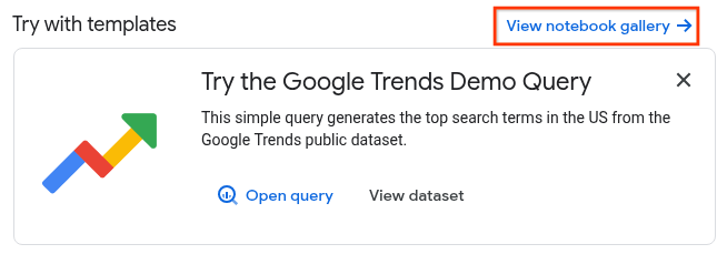 BigQuery Studio 홈페이지의 노트북 갤러리 보기 링크