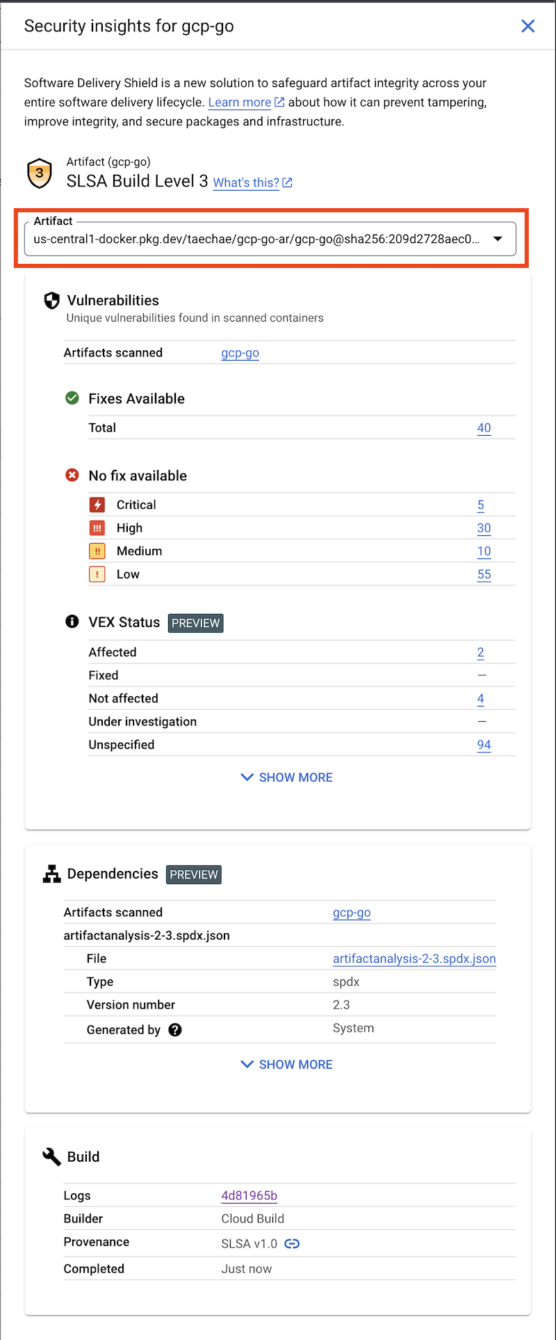 Captura de pantalla del panel Estadísticas de seguridad para compilaciones de varios contenedores