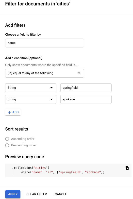 Riquadro Aggiungi filtri di Firestore, che mostra le opzioni per filtrare per campo, aggiungere condizioni, modificare l&#39;ordine di ordinamento e visualizzare l&#39;anteprima del codice di query.