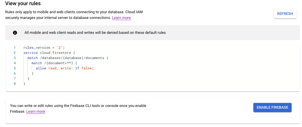 Si Firebase no está habilitado en tu proyecto, aparece el botón Habilitar el SDK de Firebase.