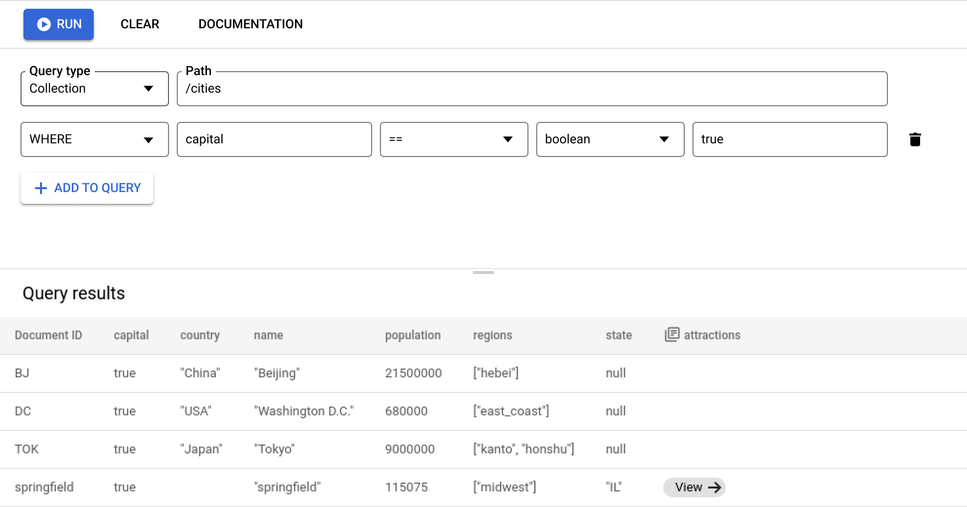 Query builder displaying results of a query.