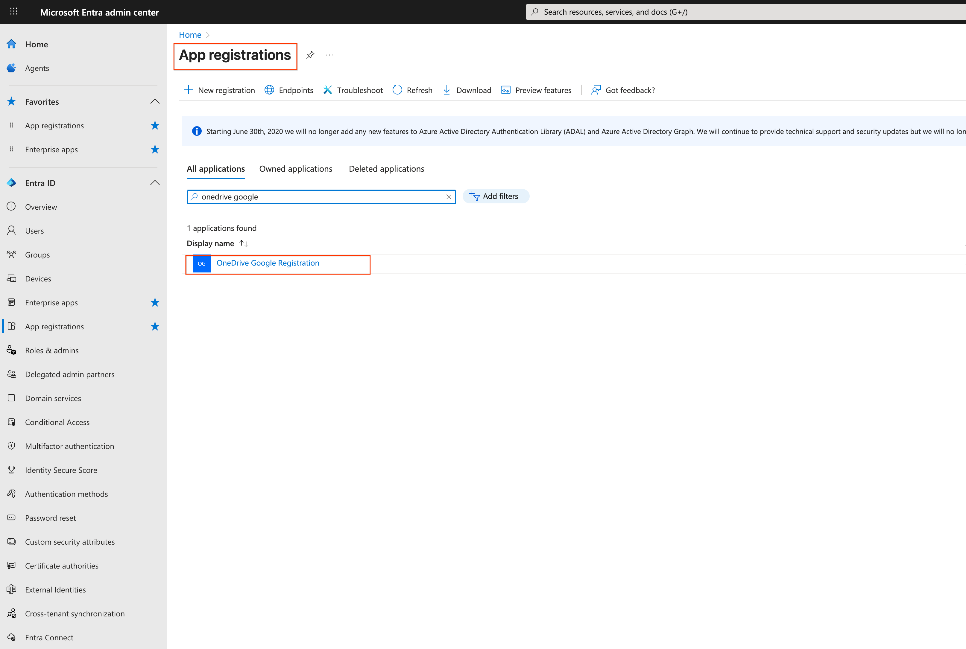 Sélectionnez l'application pour définir les autorisations de l'API.