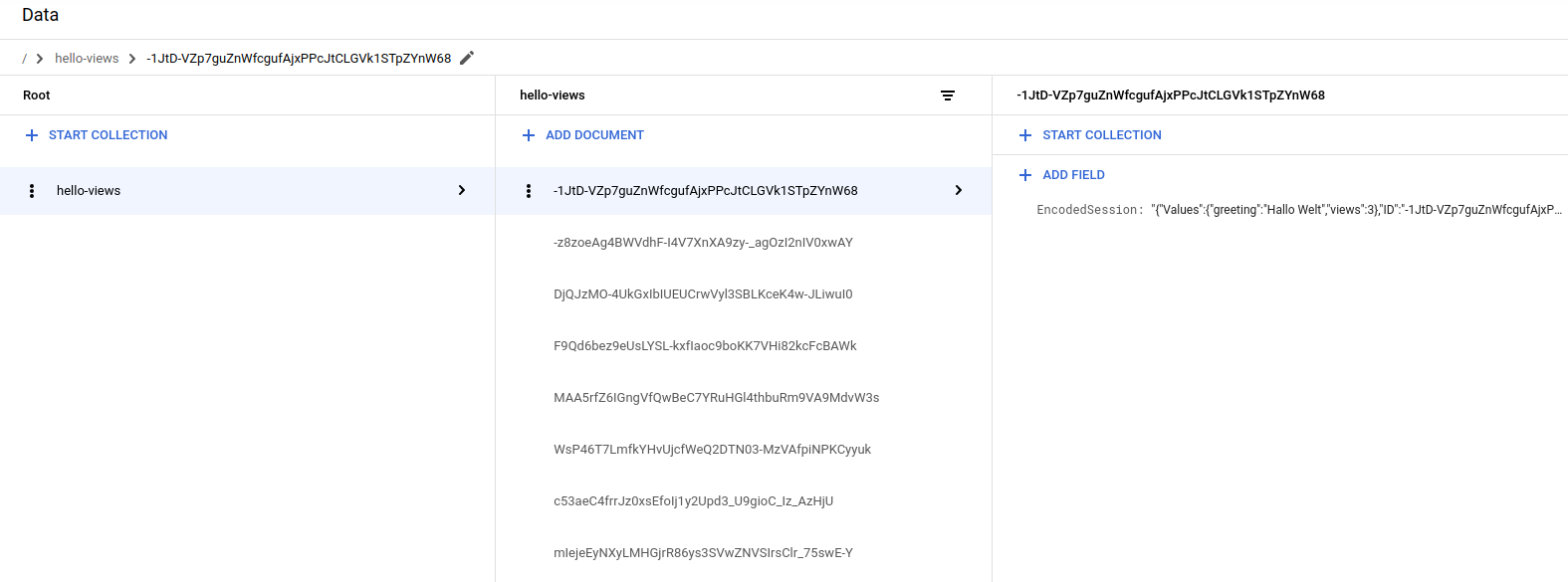 Sessions Firestore dans la console Google Cloud