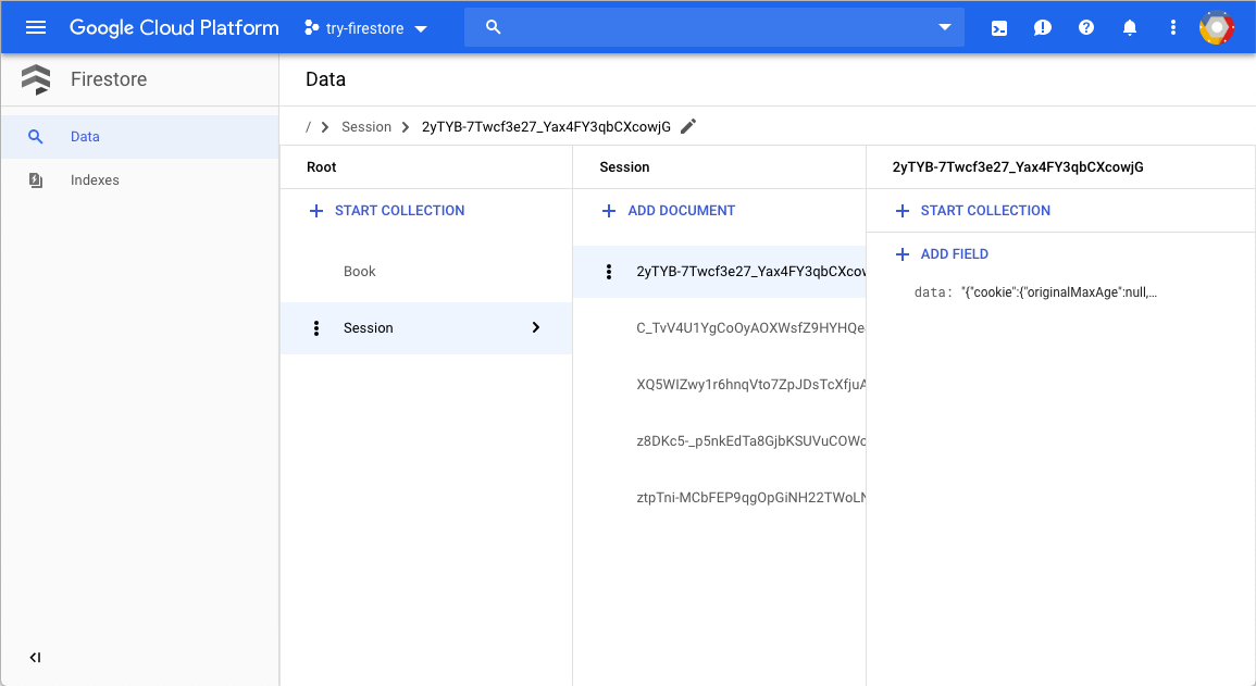 Sessions Firestore dans la console Google Cloud.