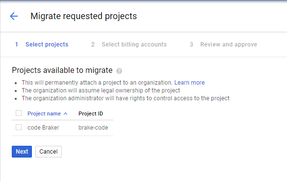 Halaman Migrate projects
