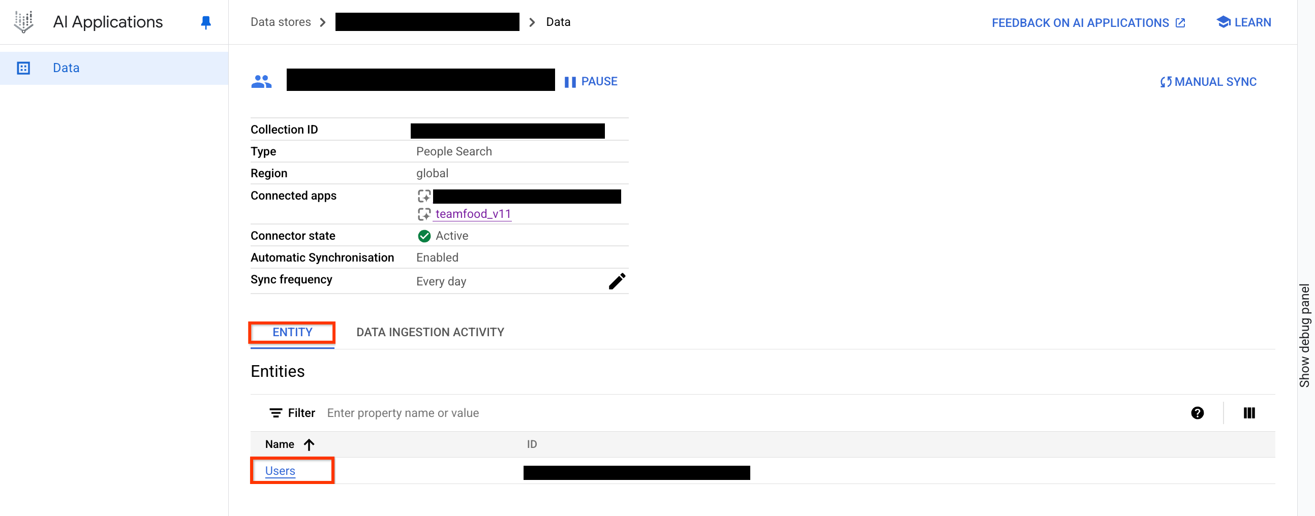 Click the data store's entity tab.