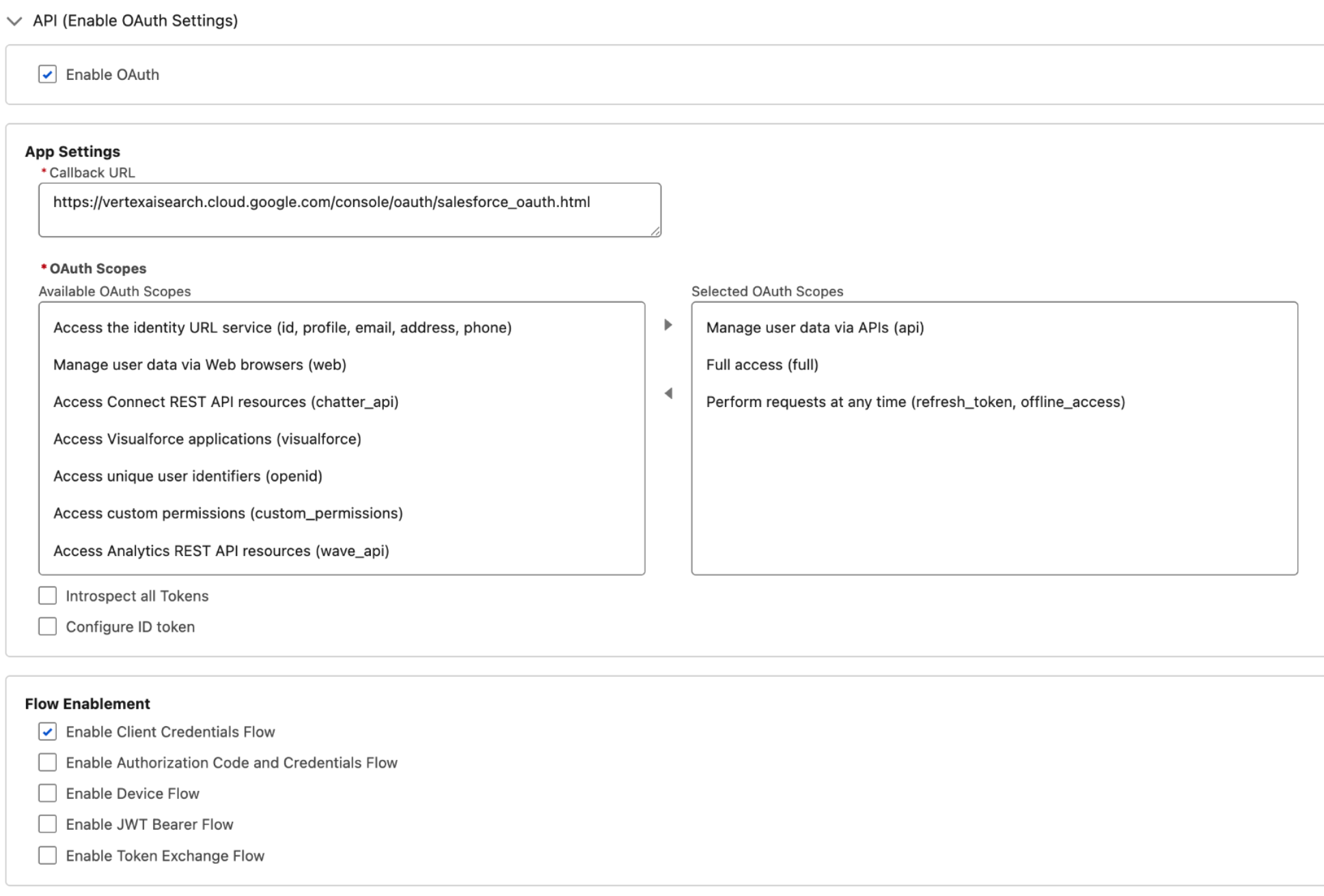 Enable OAuth settings- OAuth2 client credentials