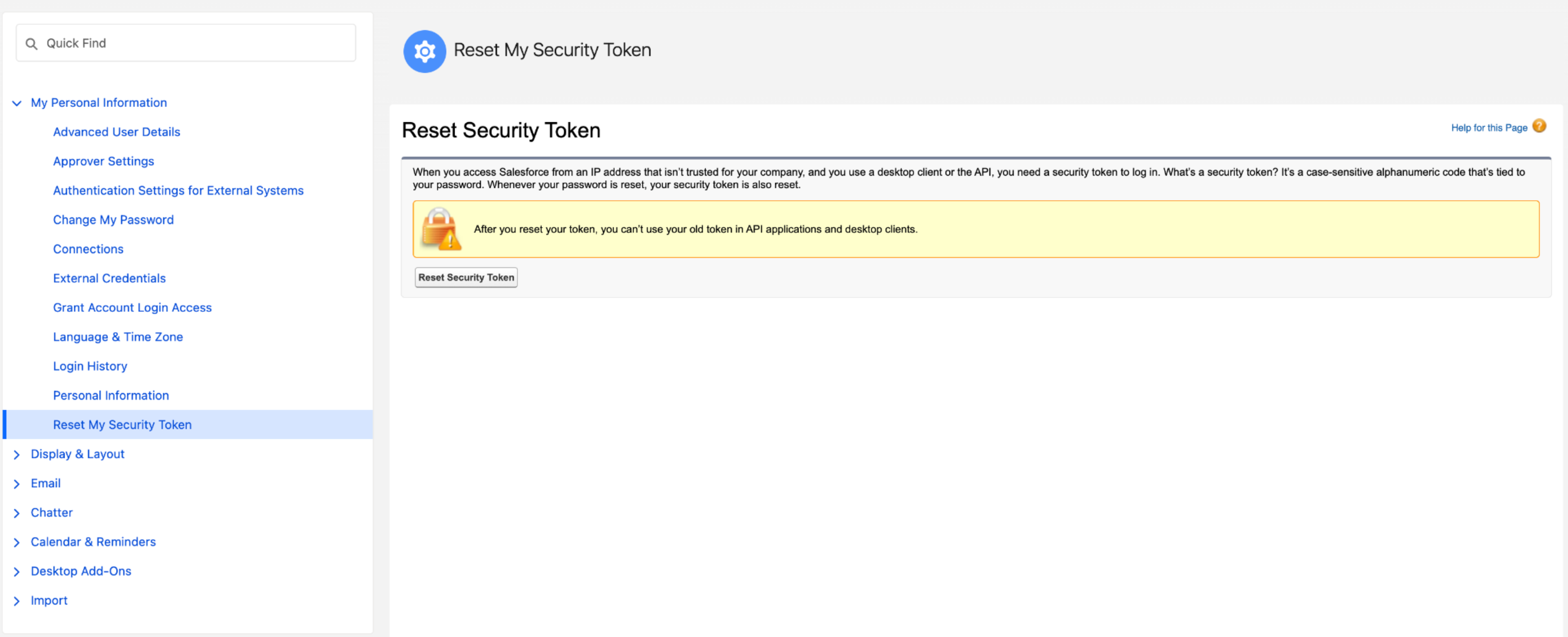 Reset security token
