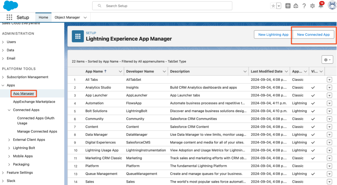 Find your app manager and create new connected app