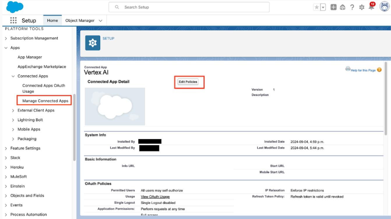 manage connected app and edit policies