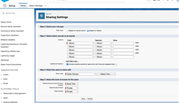 Sharing settings for entities