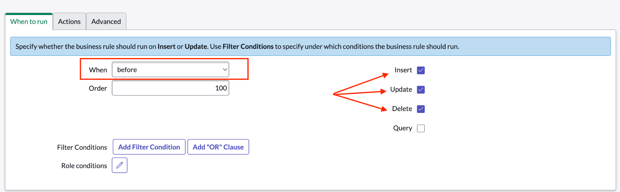 Specify when the knowledge entity webhook should run