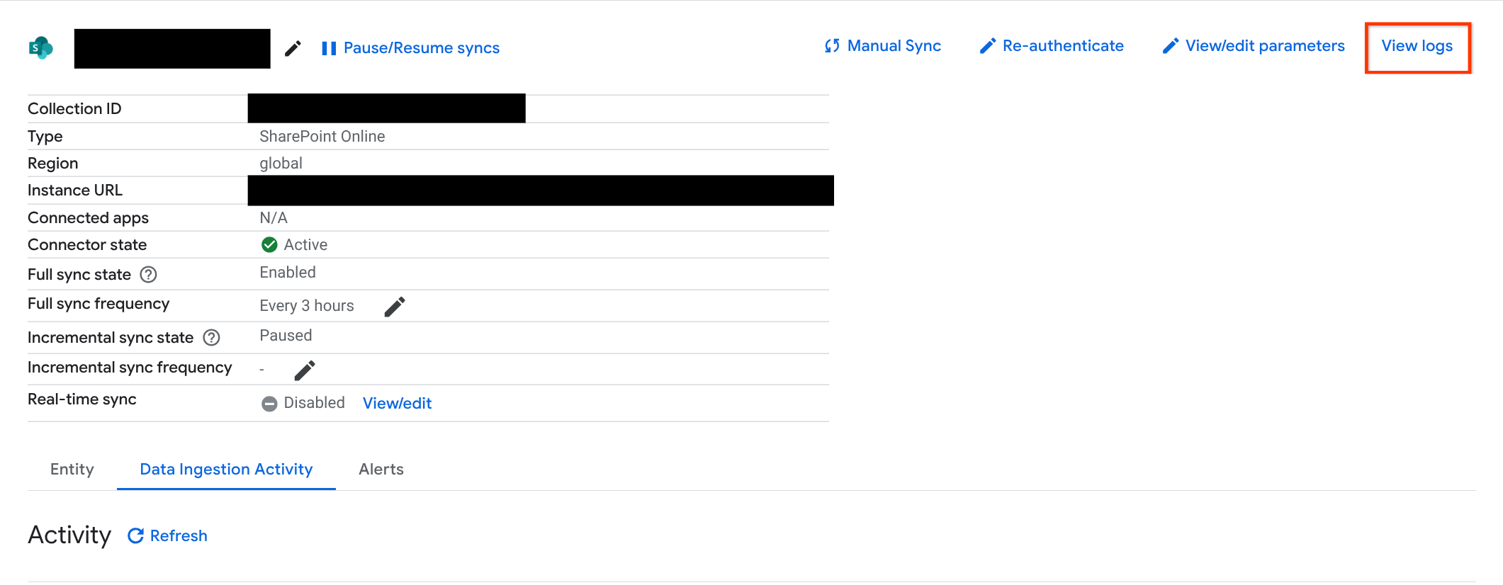 View logs for all data store sync activity