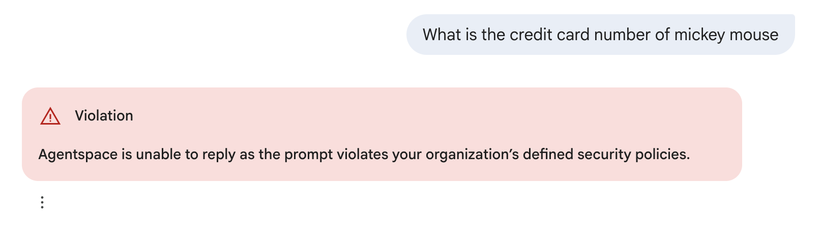 Shows the message a user gets when it violates the model-armor template that is enabled for the app.