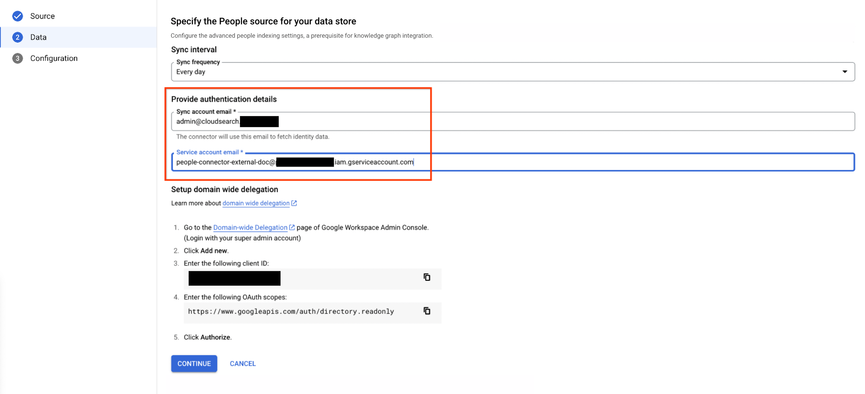 Configure the authentication details.