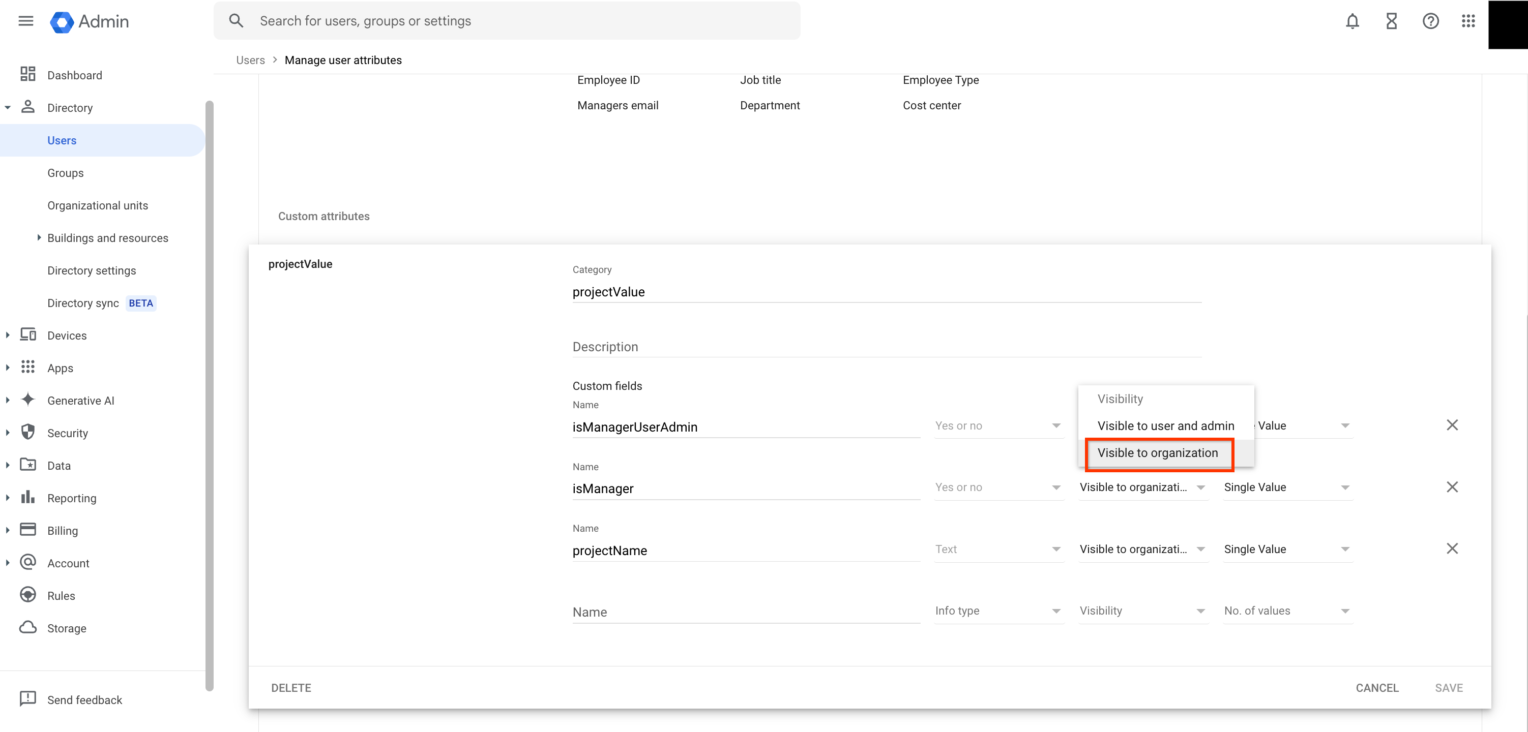 Set the visibility of the custom attribute to Visible to organization.