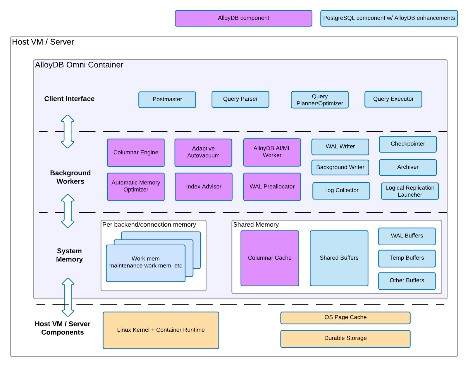 Diagramma dell&#39;architettura dei componenti di AlloyDB Omni che distingue i componenti specifici di AlloyDB per PostgreSQL dai componenti di PostgreSQL.