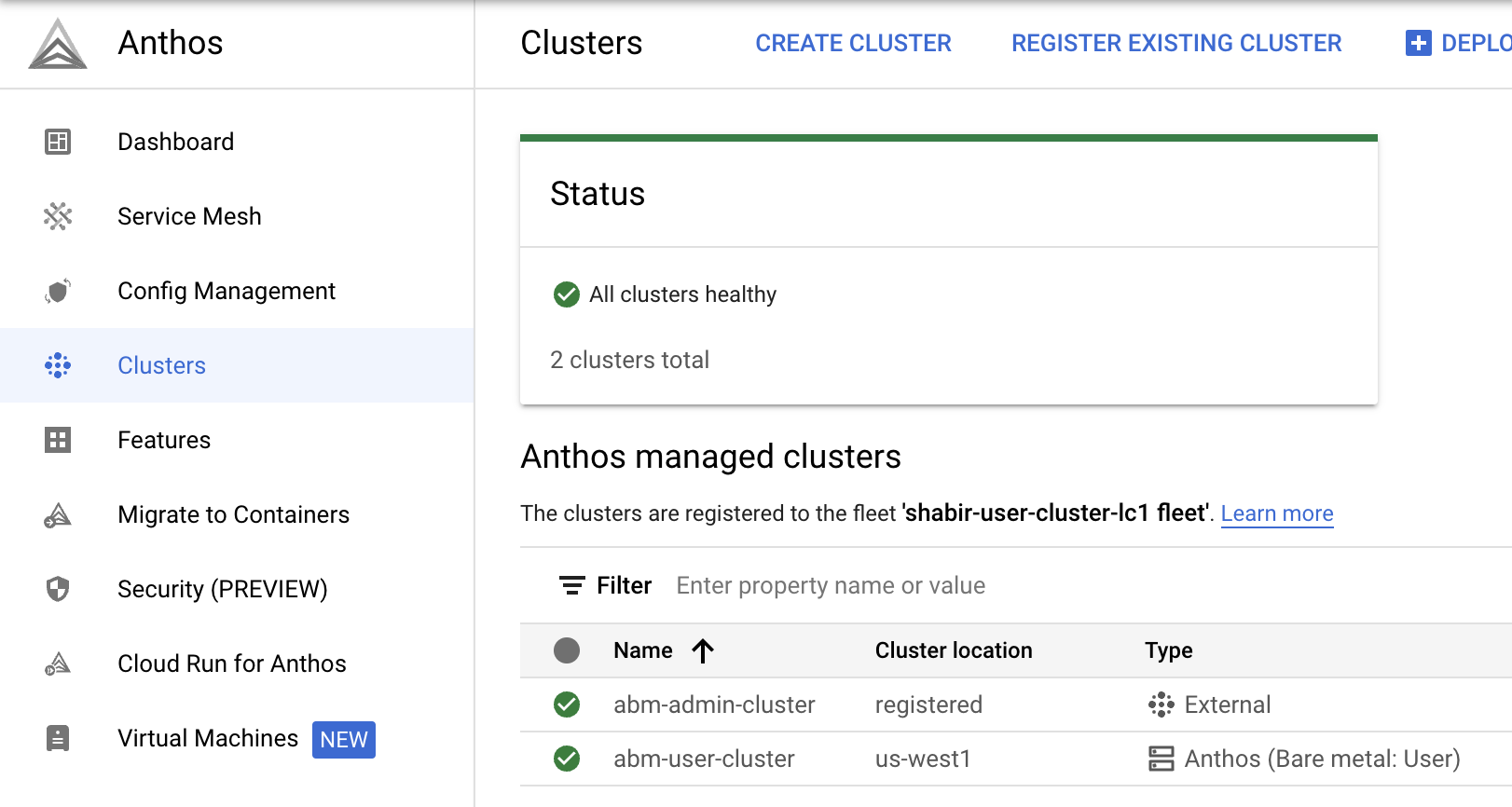 Liste des clusters Anthos