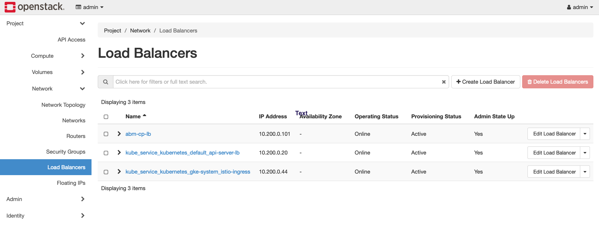 Los objetos LoadBalancer aprovisionados por Google Distributed Cloud se visualizan desde la IU de OpenStack