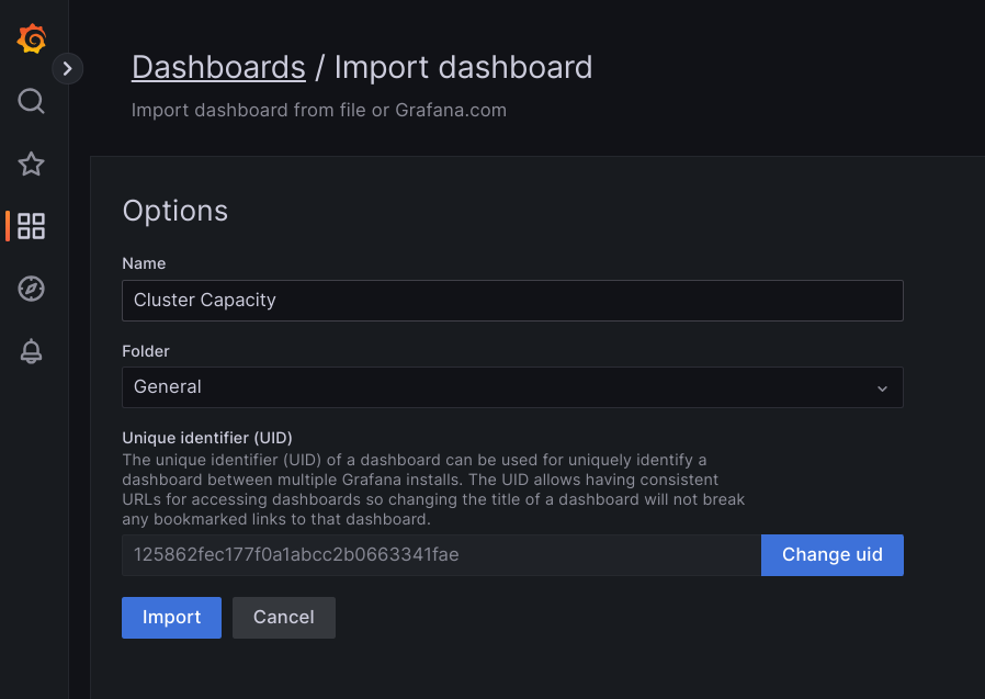 Importazione della dashboard in Grafana.