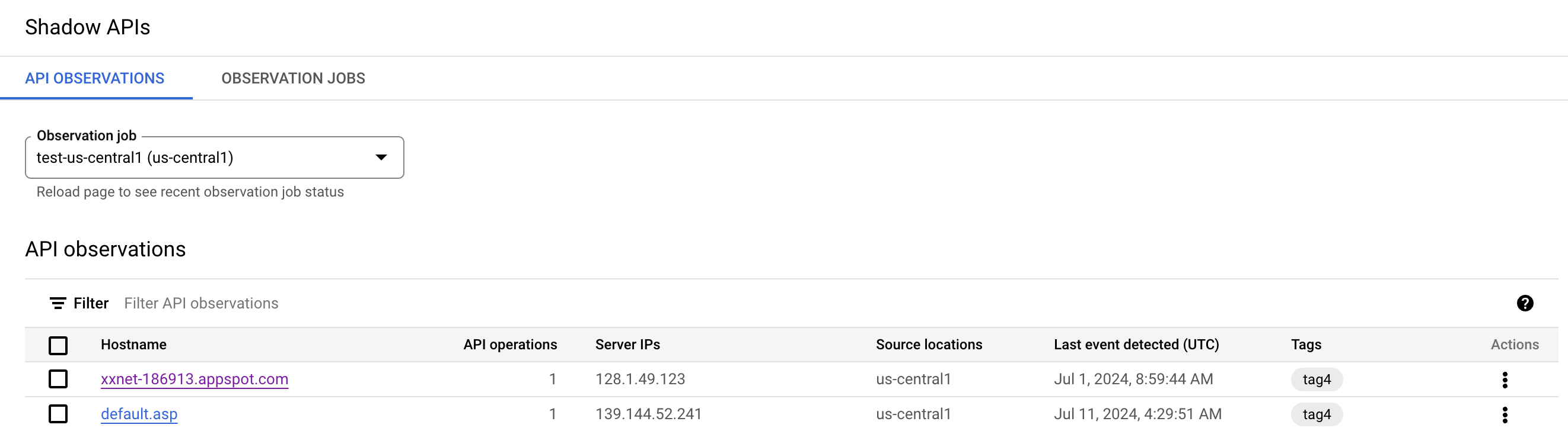 Página Observaciones de APIs