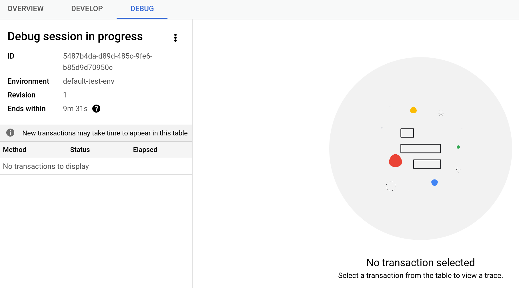 Sessão de depuração em andamento