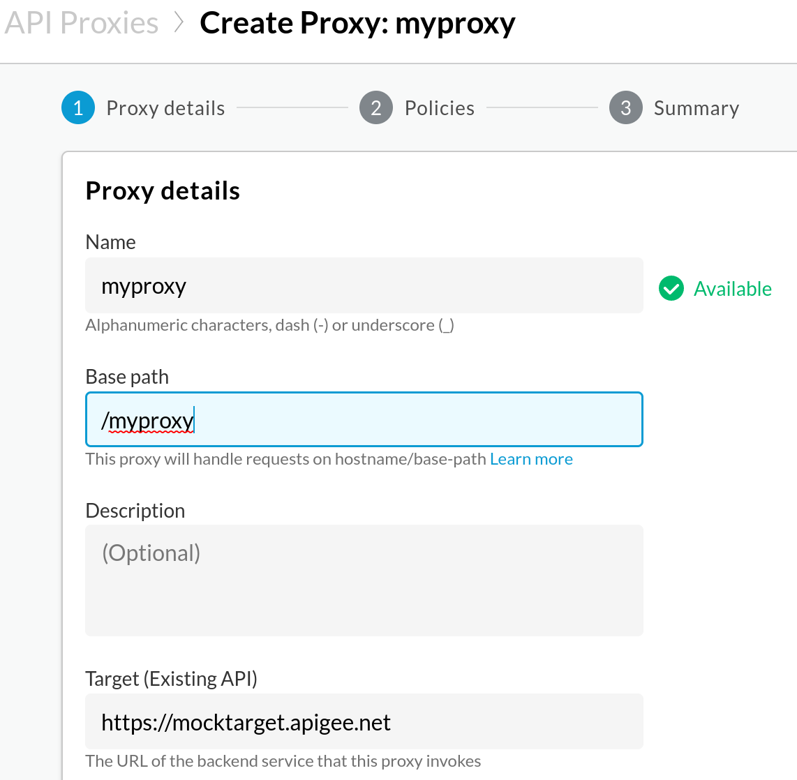 顯示名稱、Base path、說明和目標的 Proxy 詳細資料