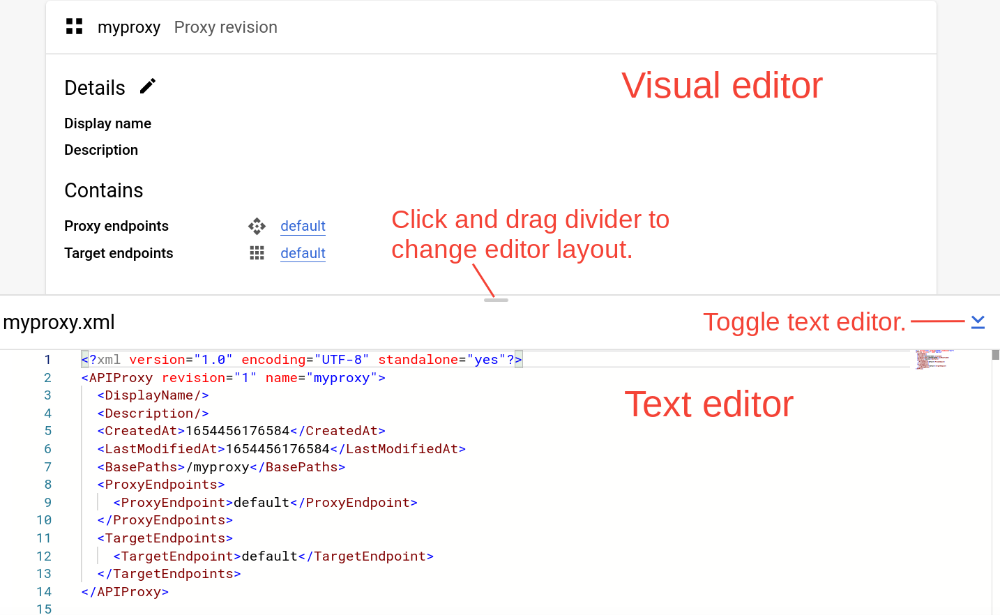 Editores visuales y de texto con divisor que se puede seleccionar