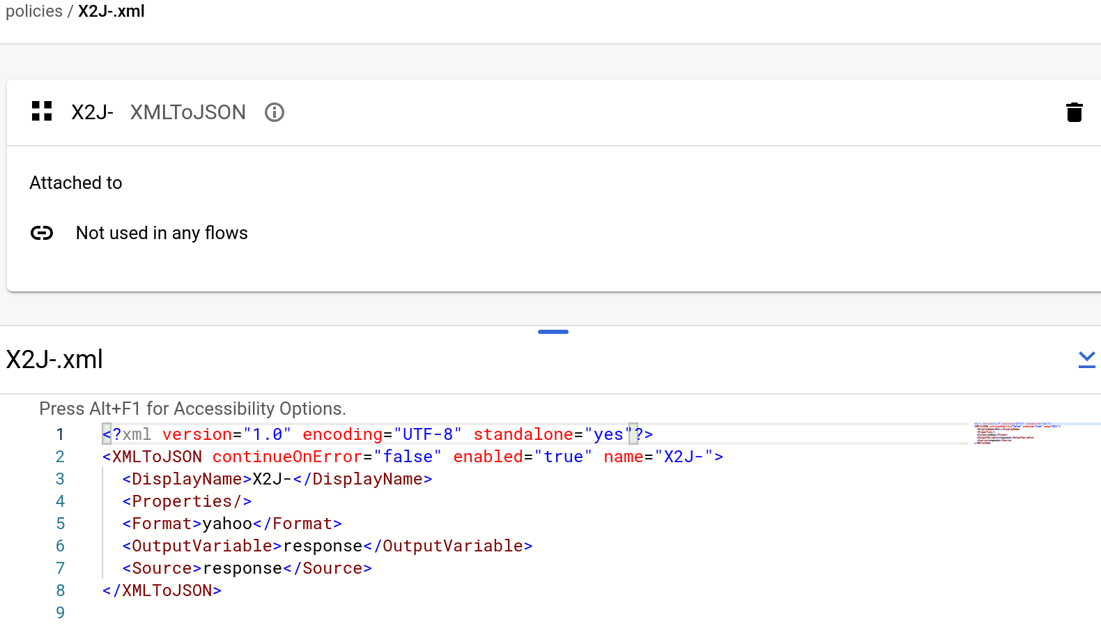 Richtlinie &quot;XML To JSON&quot;, die in der Entwicklungsansicht angezeigt wird.