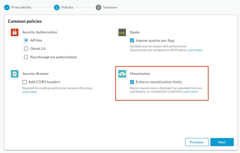 「Create proxy」精靈的「Common policies」頁面，已選取「Enforce Limits」核取方塊