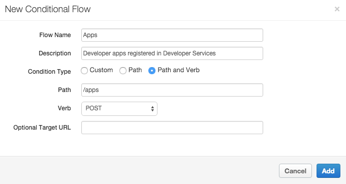 En el panel Nuevo flujo condicional, se configura un flujo llamado Apps con la descripción "Apps de desarrollador registradas en Servicios para desarrolladores".