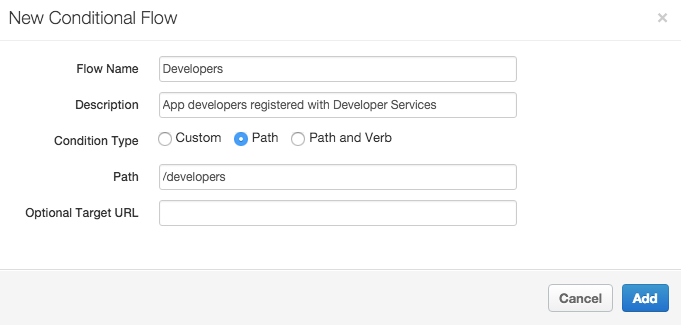 在「New Conditional Flow」窗格中，設定名為「Developers」的流程，並附上「App developers registered with Developer Services」的說明。