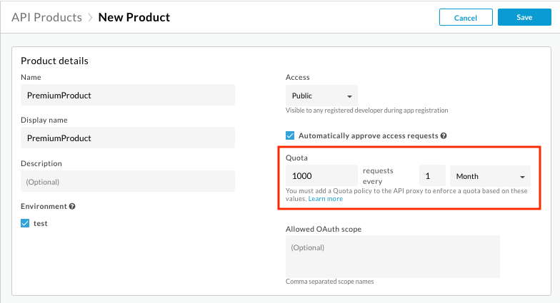 Informations détaillées sur le produit d&#39;API montrant le champ &quot;Quota&quot; en surbrillance