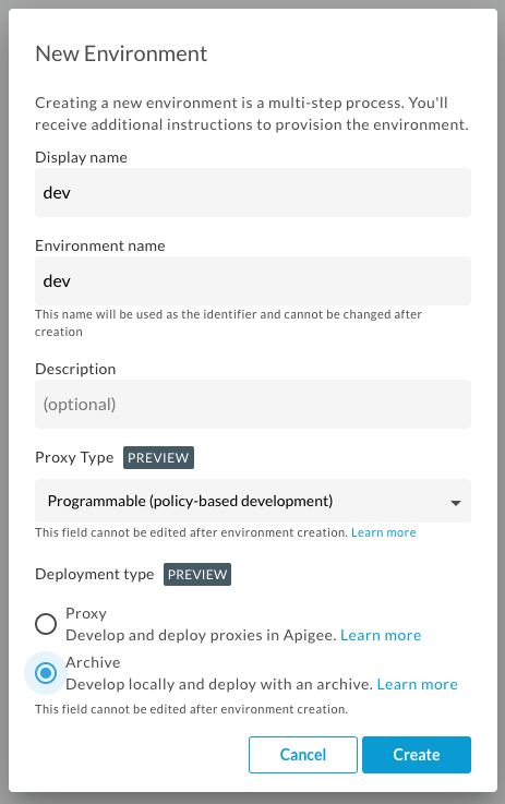 New environment dialog showing Archive deployment type settings