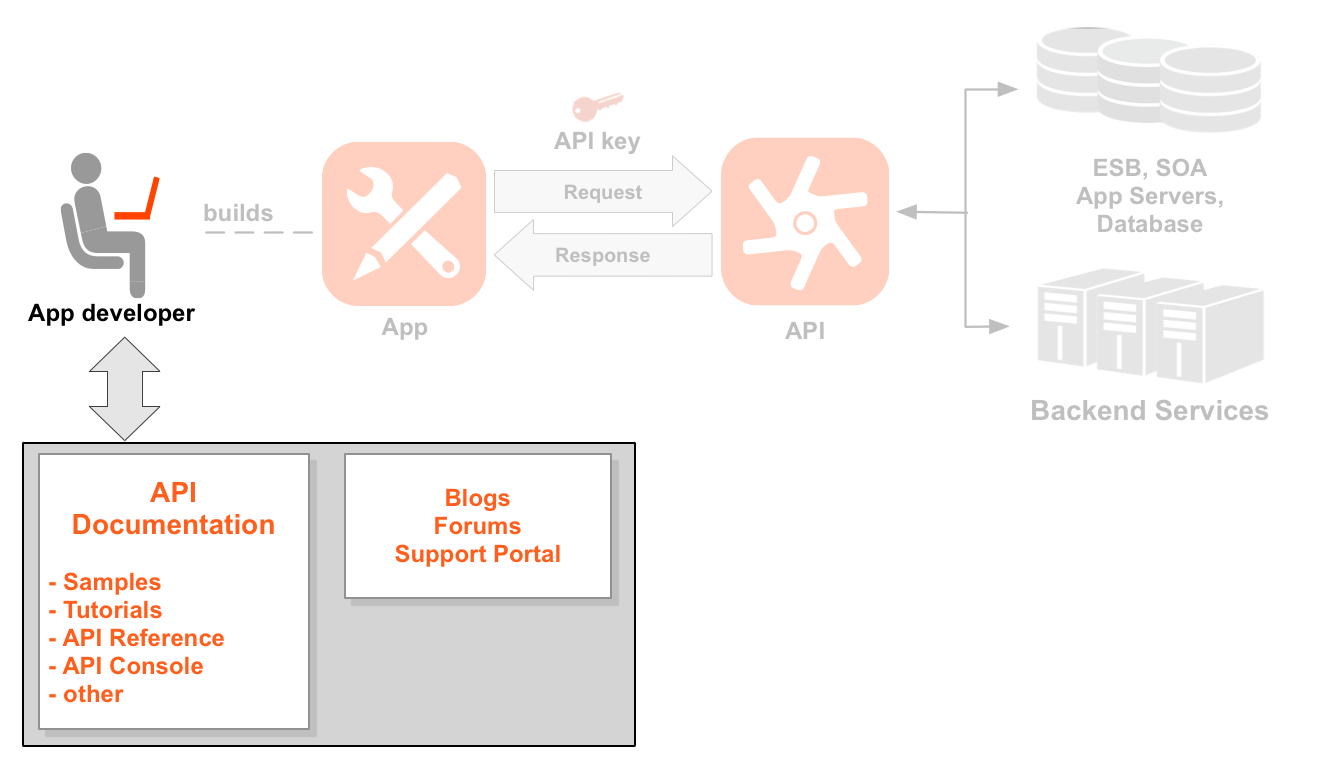 左から右にデベロッパー、アプリ、API、バックエンド サービスを示す図。デベロッパー アイコンがハイライト表示されています。デベロッパーの下にはデベロッパー ポータルを表すボックスがあります。ポータルには API ドキュメント、サンプル、チュートリアル、API リファレンスその他が含まれています。さらにポータルにはブログ、フォーラム、サポート ポータルも含まれています。点線は、ハイライトされたデベロッパーからデベロッパーが作成したアプリのアイコンを指しています。アプリと API アイコンの間の矢印は、API アイコンに対するリクエストとレスポンスのフローを示しています。リクエストの上にアプリキーがあります。API アイコンの下にはリソースパスのセットが 2 つあり、これらは 2 つの API プロダクト（Location プロダクトと Media プロダクト）にグループ化されています。Location プロダクトには /countries、/cities、/languages 用のリソースがあり、Media プロダクトには /books、/magazines、/movies 用のリソースがあります。API の右側には、API が呼び出すバックエンド リソース（データベース、エンタープライズ サービスバス、アプリサーバー、汎用バックエンドなど）があります。