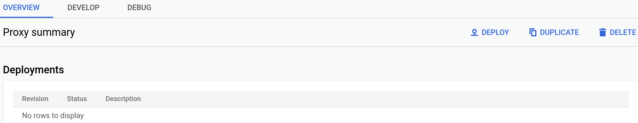 API Proxy 詳細資料，包括每個環境的部署狀態、Proxy 端點詳細資料和目標端點詳細資料。