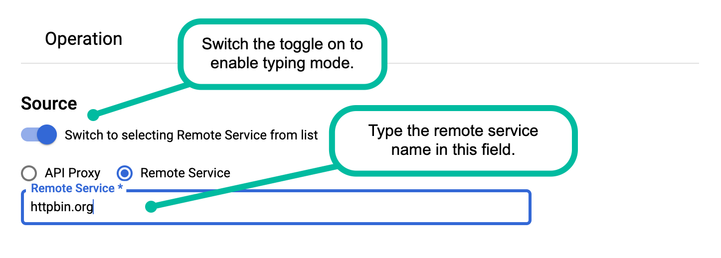 選取「Remote Service」圓形按鈕、啟用手動文字輸入功能，並在「Remote Service」欄位中輸入遠端服務 httpbin.org。