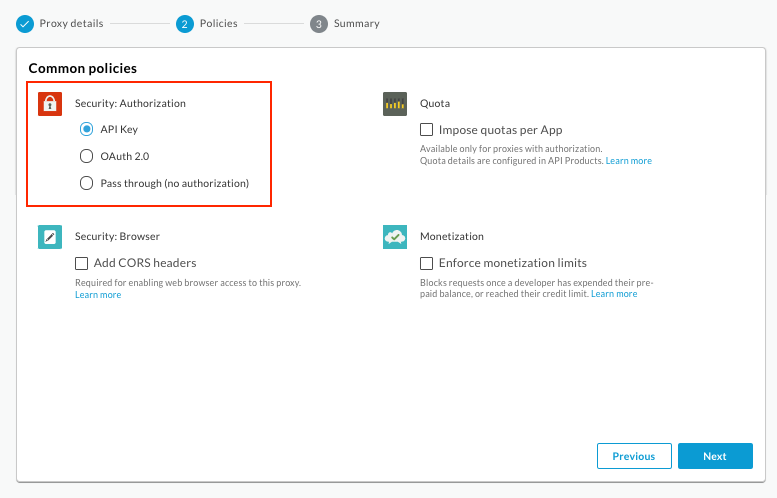 選取 API 金鑰後，建立 Proxy 設定精靈的「Common policies」頁面
