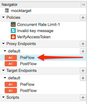 Pilih PreFlow untuk endpoint yang tercantum di bagian Proxy Endpoints.