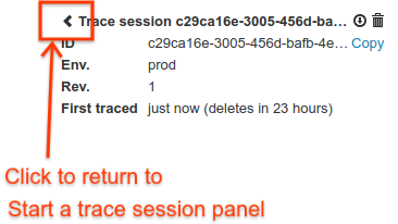 Seta para voltar que direciona você para o painel &quot;Iniciar uma sessão do Debug&quot;