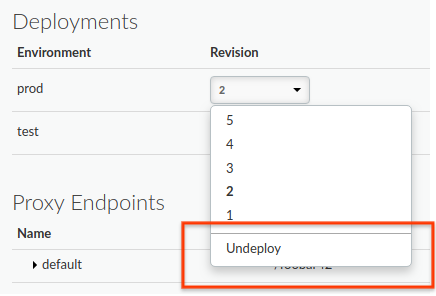 Revision drop-down for prod environment showing Undeploy item